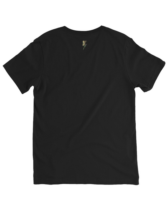 Back side of Black v-neck t-shirt with a camouflage lightning bolt graphic and the Blvck Exodus logo in white text
