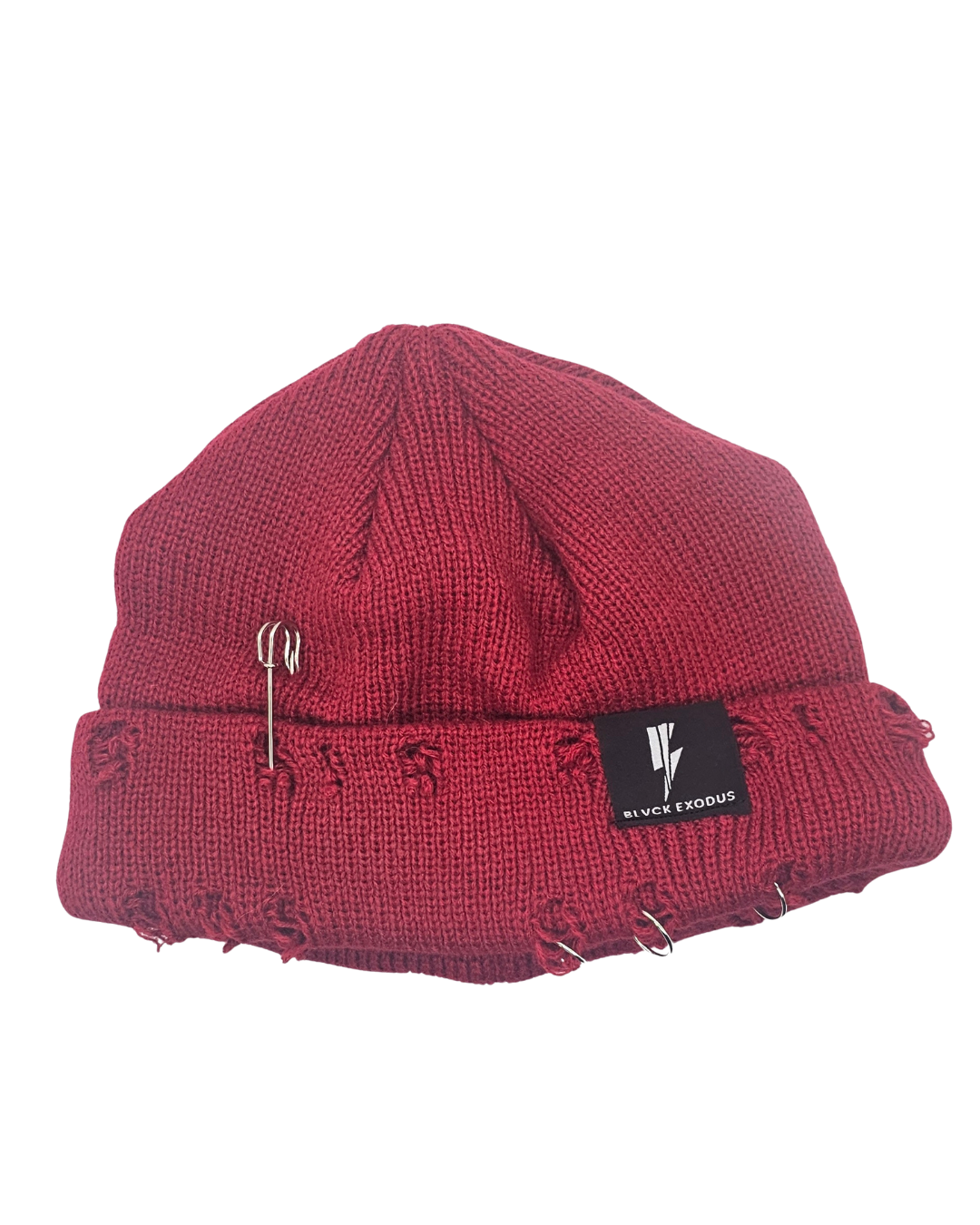 Red distressed beanie with Blvck Exodus logo, safety pins, streetwear, urban fashion, Christian apparel, winter hat, beanie hat Distressed red beanie with safety pins and Blvck Exodus logo