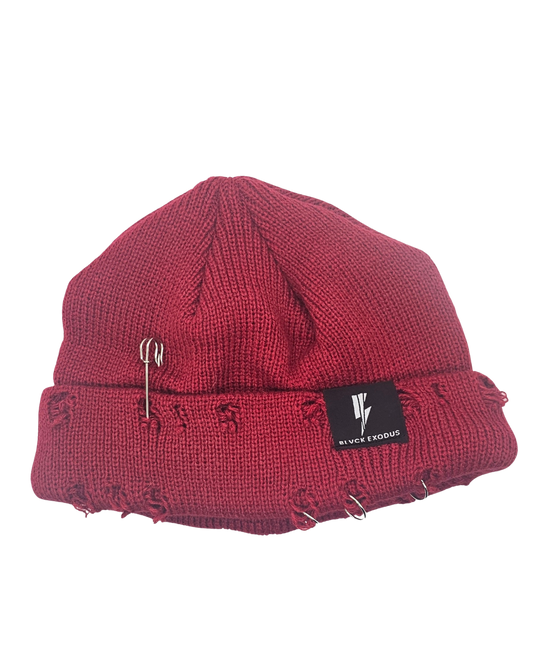 Red distressed beanie with Blvck Exodus logo, safety pins, streetwear, urban fashion, Christian apparel, winter hat, beanie hat Distressed red beanie with safety pins and Blvck Exodus logo