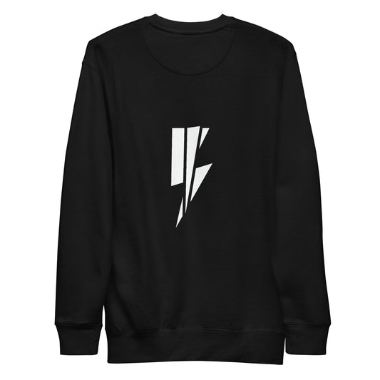 Black crewneck sweatshirt with a white Blvck Exodus lightning bolt logo on the back Black sweatshirt, Blvck Exodus, streetwear, urban fashion, Christian apparel, lightning bolt logo