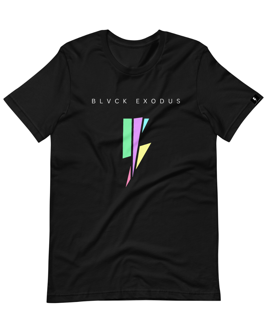 Black short-sleeve t-shirt with a colorful lightning bolt graphic and the Blvck Exodus logo in white text-Black t-shirt, Blvck Exodus, streetwear, urban fashion, Christian apparel, lightning bolt graphic, colorful design