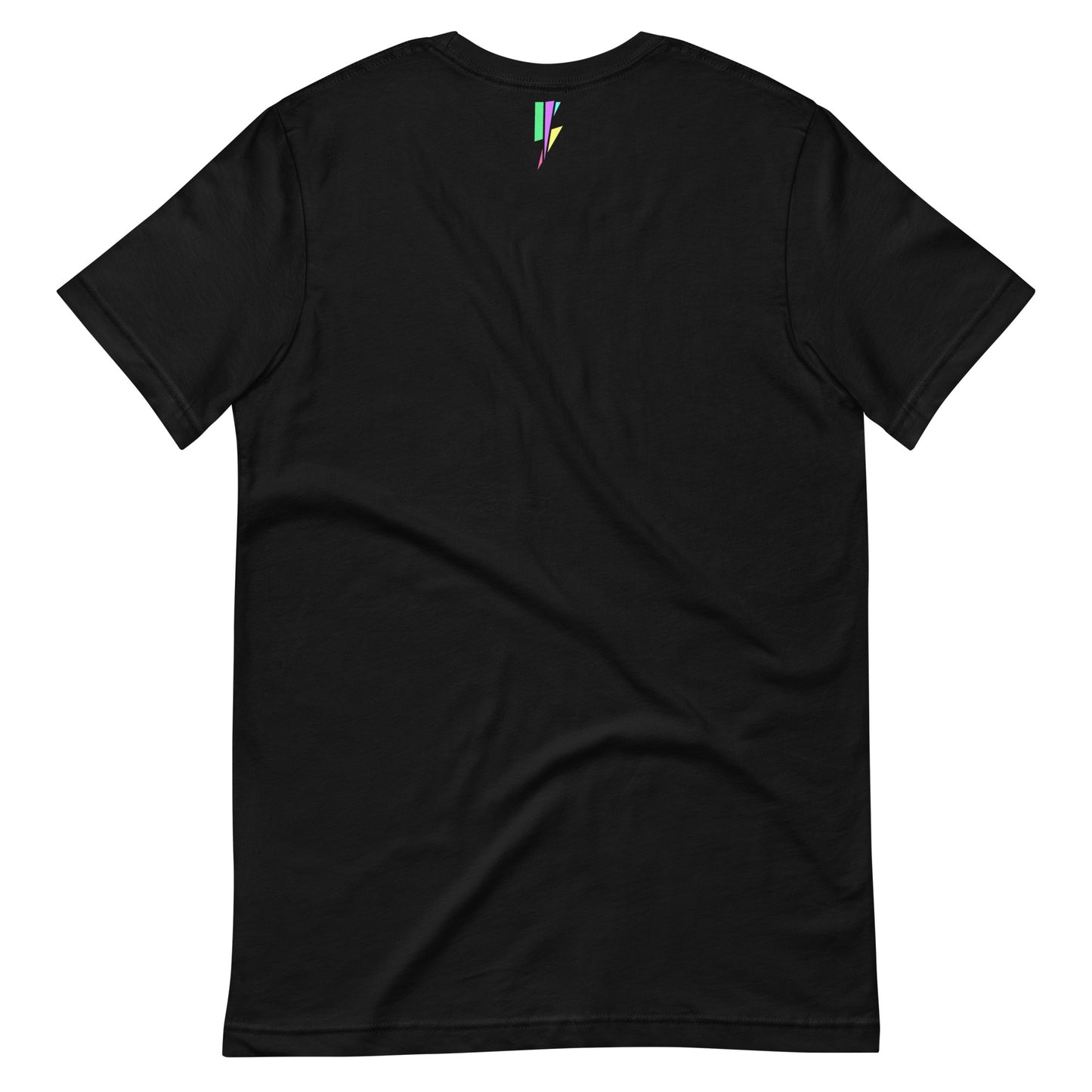 Back of t-shirt Black short-sleeve t-shirt with a colorful lightning bolt graphic and the Blvck Exodus logo in white text-Black t-shirt, Blvck Exodus, streetwear, urban fashion, Christian apparel, lightning bolt graphic, colorful design