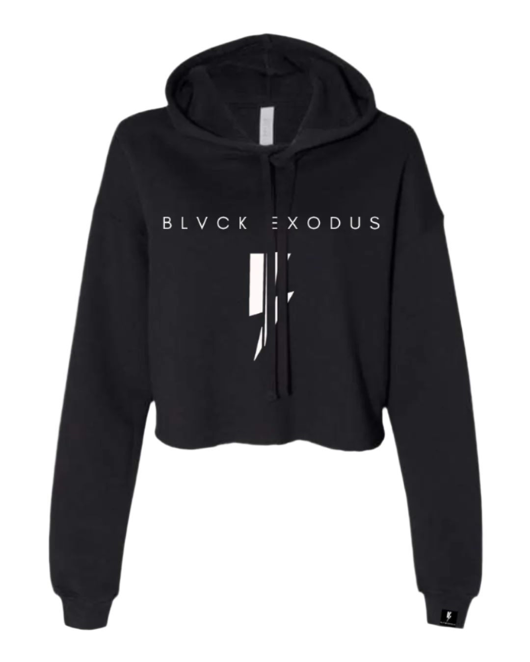 Women's cropped hoodie in black with a white Blvck Exodus logo and a stylized lightning bolt graphic centered on the chest. streetwear, urban fashion, Christian apparel