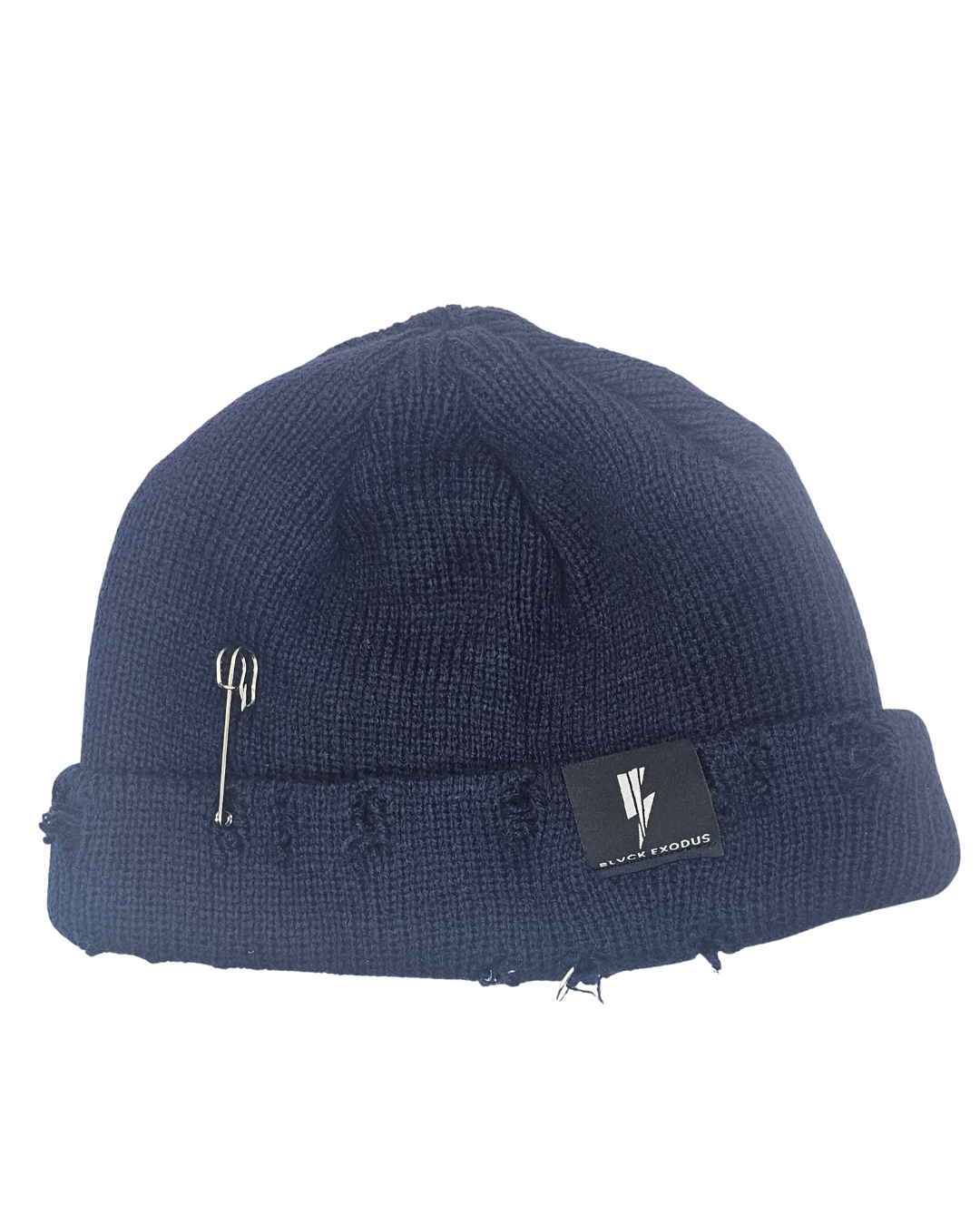 Distressed blue beanie with safety pins and a torn Blvck Exodus logo patch.
blue beanie with Blvck Exodus logo, safety pins, streetwear, urban fashion, Christian apparel, winter hat, beanie hat