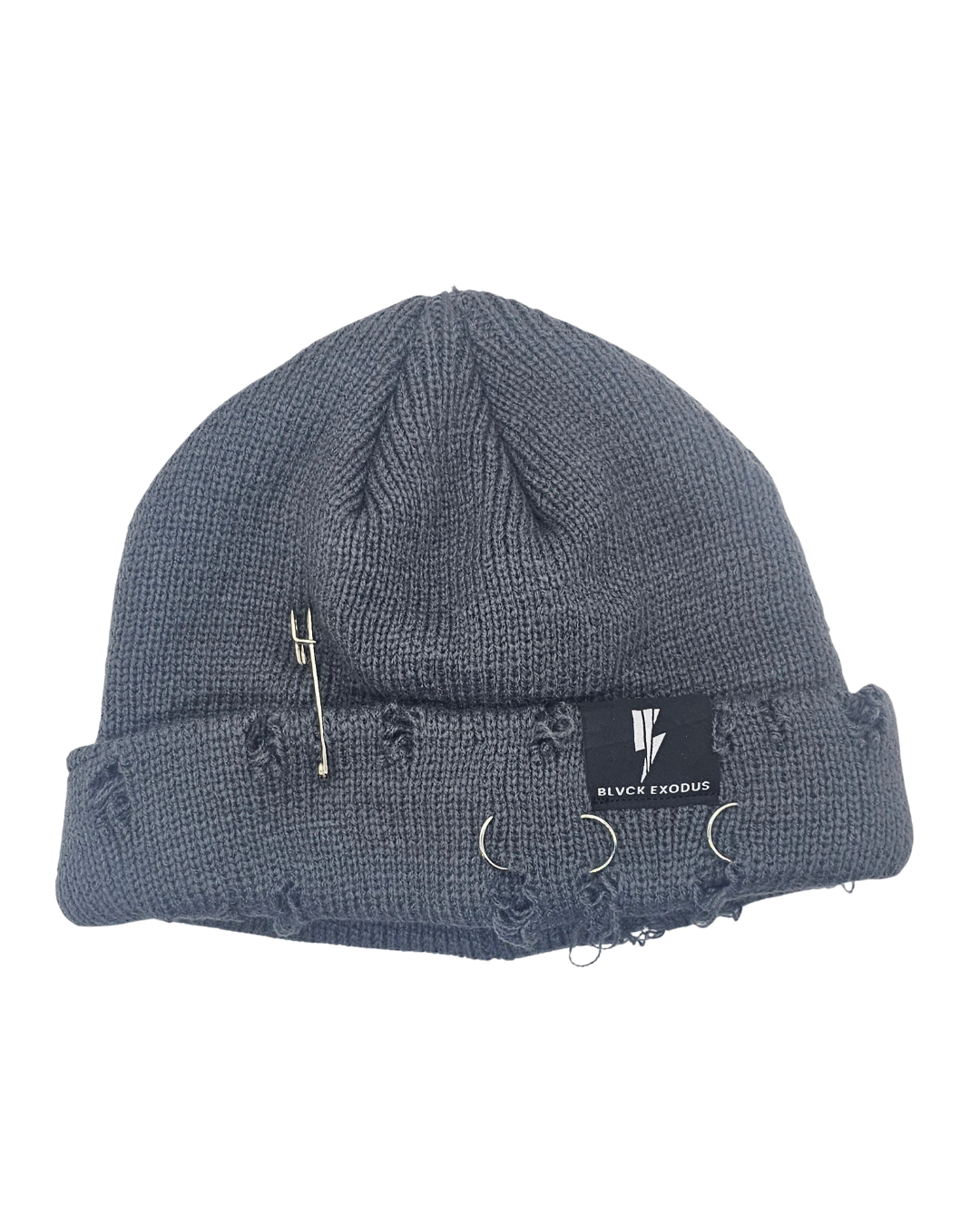 Gray Distressed beanie with Blvck Exodus logo, safety pins, streetwear, urban fashion, Christian apparel, winter hat, beanie hat