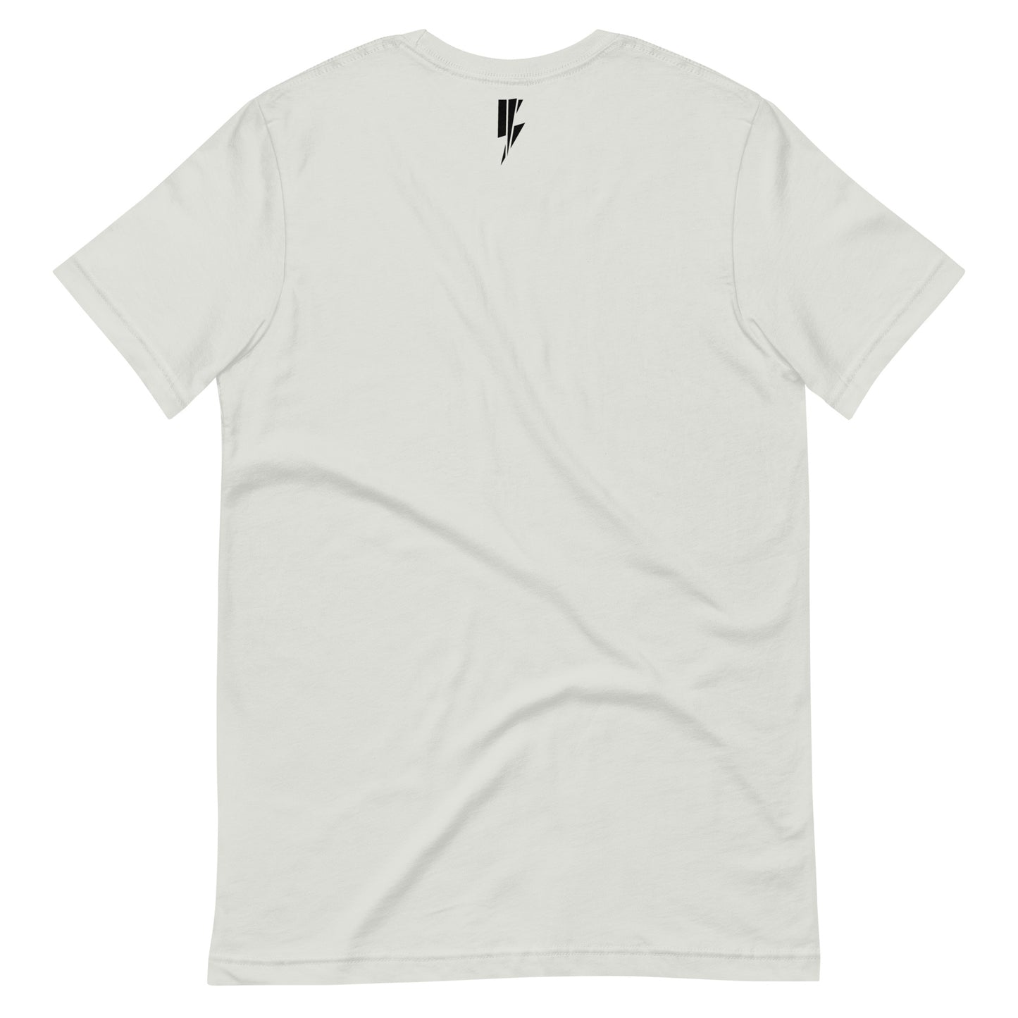 Back of White short-sleeve t-shirt featuring a graphic of anime animals sitting at a table with the text "Only the Hungry Eat with Kings" in a bold, gothic font, and the Blvck Exodus logo. Animal graphic t shirt . Top neck has black bolt