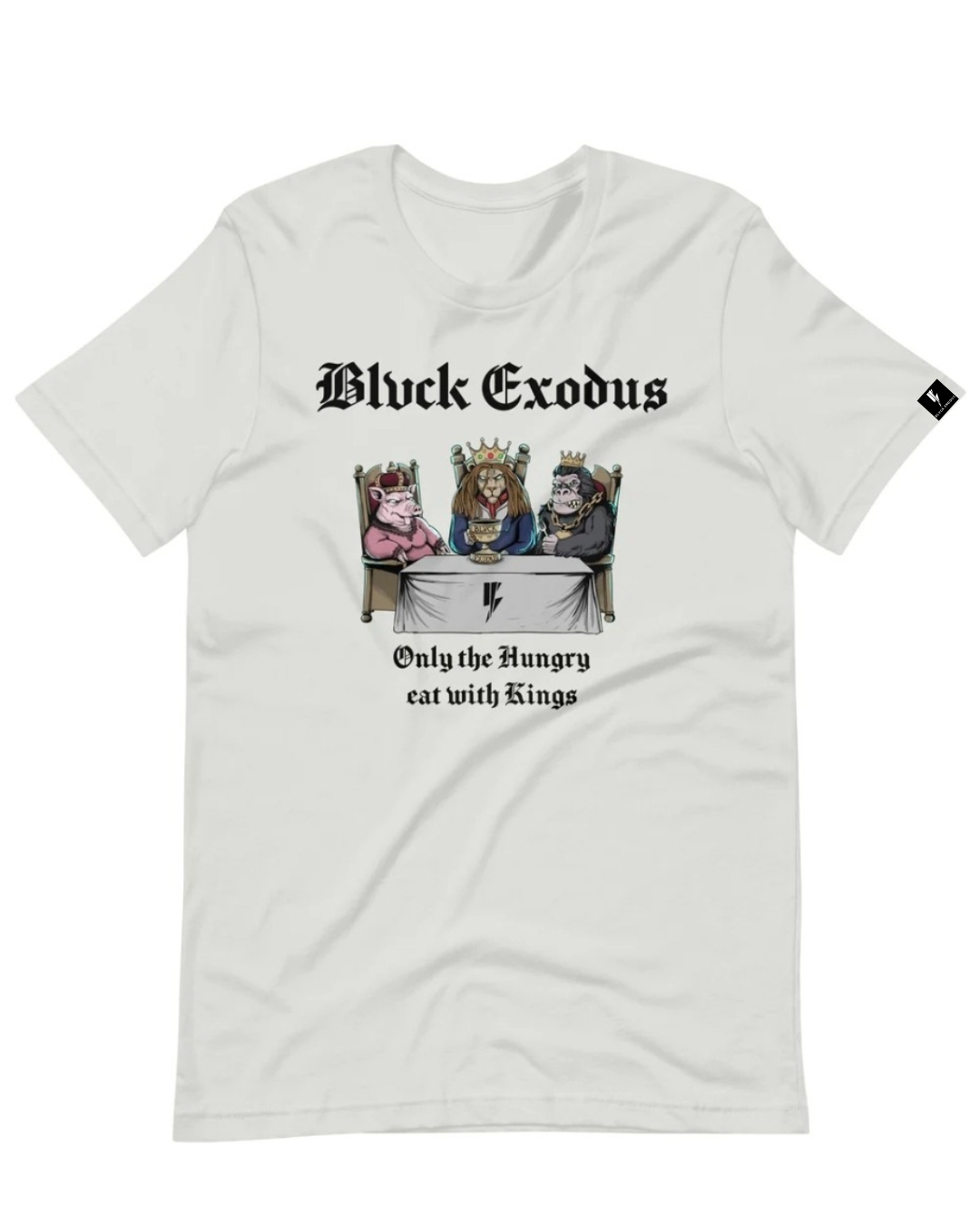 White short-sleeve t-shirt featuring a graphic of anime animals sitting at a table with the text "Only the Hungry Eat with Kings" in a bold, gothic font, and the Blvck Exodus logo. Animal graphic t shirt