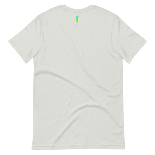 back of White t-shirt, Blvck Exodus, streetwear, urban fashion, anime apparel, graphic tee, colorful design, pop art style
top of back neck area features a small retro bolt