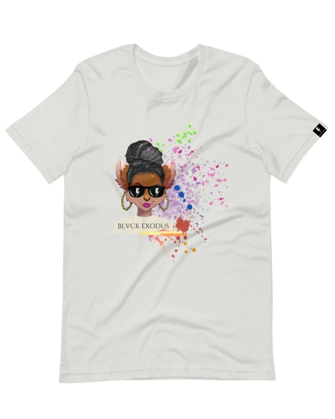White short-sleeve t-shirt featuring a vibrant, colorful anime girl graphic with sunglasses, a bun hairstyle, and a splattered paint background, along with the Blvck Exodus logo- White t-shirt, Blvck Exodus, streetwear, urban fashion, anime apparel, graphic tee, colorful design, pop art style