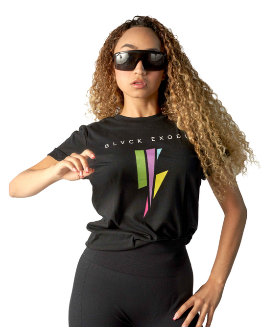 Spanish woman wearing Black short-sleeve t-shirt with a colorful lightning bolt graphic and the Blvck Exodus logo in white text-Black t-shirt, Blvck Exodus, streetwear, urban fashion, Christian apparel, lightning bolt graphic, colorful design.