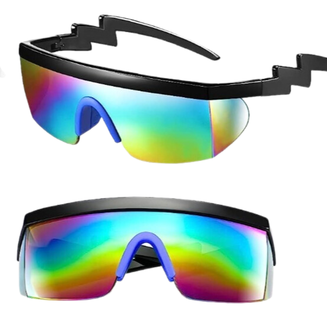 Modern sunglasses with a futuristic design and rainbow lenses black sunglasses, rainbow lenses, futuristic sunglasses, 90s style sunglasses, trendy sunglasses