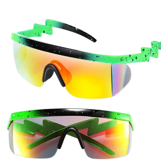 Modern sunglasses with a futuristic design and rainbow lenses green & black sunglasses, rainbow lenses, futuristic sunglasses, 90s style sunglasses, trendy sunglasses
