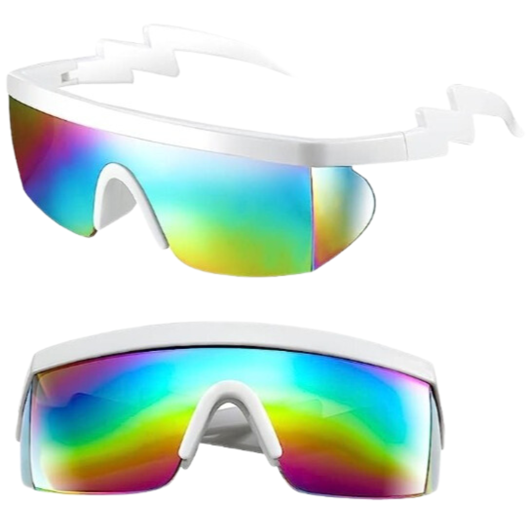 White frame sunglasses with large, colorful, rainbow lenses
Modern sunglasses with a futuristic design and rainbow lenses White sunglasses, rainbow lenses, futuristic sunglasses, 90s style sunglasses, trendy sunglasses