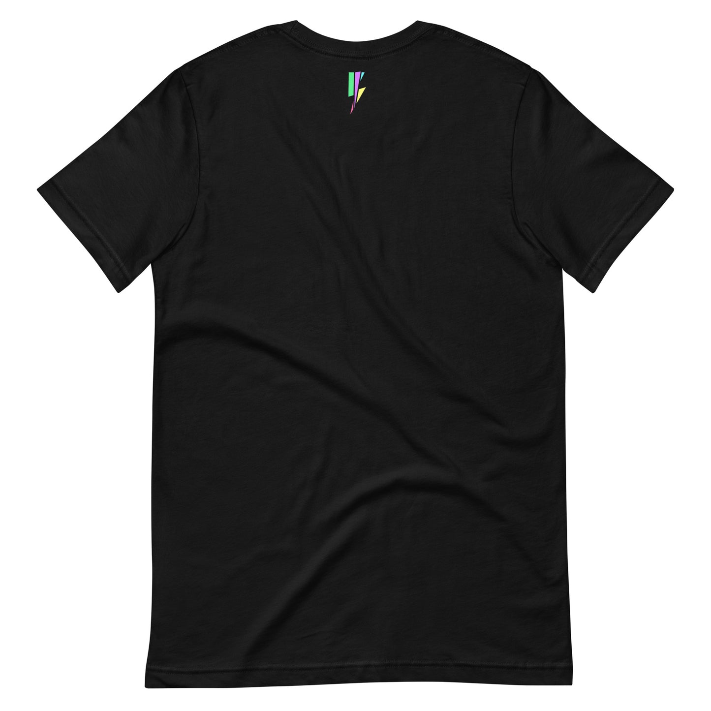 back of black graphic T - shirt White short-sleeve t-shirt featuring a vibrant, colorful anime girl graphic with sunglasses, a bun hairstyle, and a splattered paint background, along with the Blvck Exodus logo.