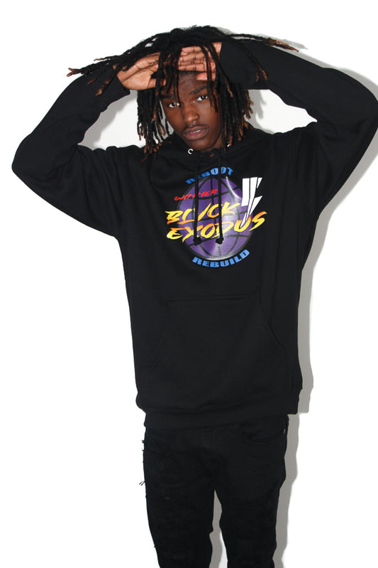 male model wearing a Black Hoodie. Black hooded sweatshirt with a colorful "Reboot, Rebuild" graphic featuring a globe and lightning bolt, along with the Blvck Exodus logo-Black hoodie, Reboot, Rebuild, Blvck Exodus, streetwear brand, urban fashion, Christian fashion, graphic designs