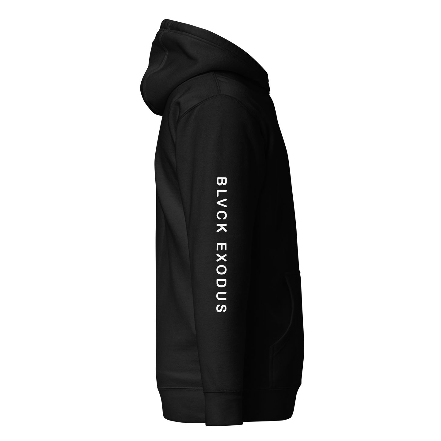 Black hooded sweatshirt with a white "Don't Listen to Anyone, Everyone is Scared" message, lightning bolt graphic, and Blvck Exodus logo. Right sleeve says BLVCk EXODUS in bold