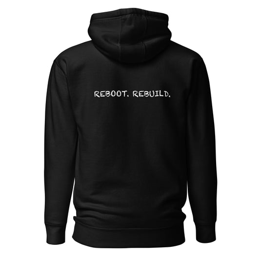 Black hoodie, Blvck Exodus, streetwear, urban fashion, Christian apparel, minimalist logo, lightning bolt graphic, pullover hoodie Back of Hoodie says reboot. rebuild.
