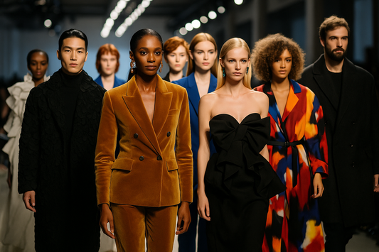 Diverse runway models at fashion week showcasing designer outfits — does fashion week happen every year?