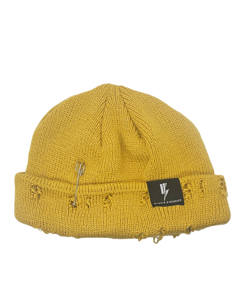 Yellow Mustard distressed beanie with Blvck Exodus logo, safety pin, streetwear, urban fashion, Christian apparel, winter hat, beanie hat