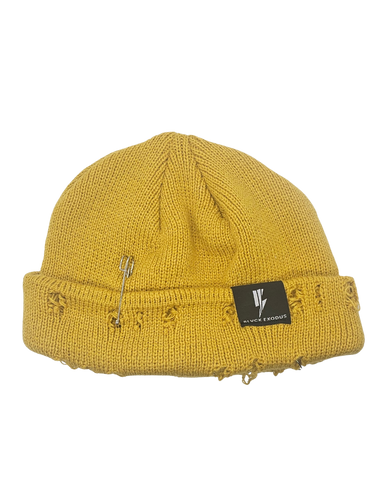 Yellow Mustard distressed beanie with Blvck Exodus logo, safety pin, streetwear, urban fashion, Christian apparel, winter hat, beanie hat