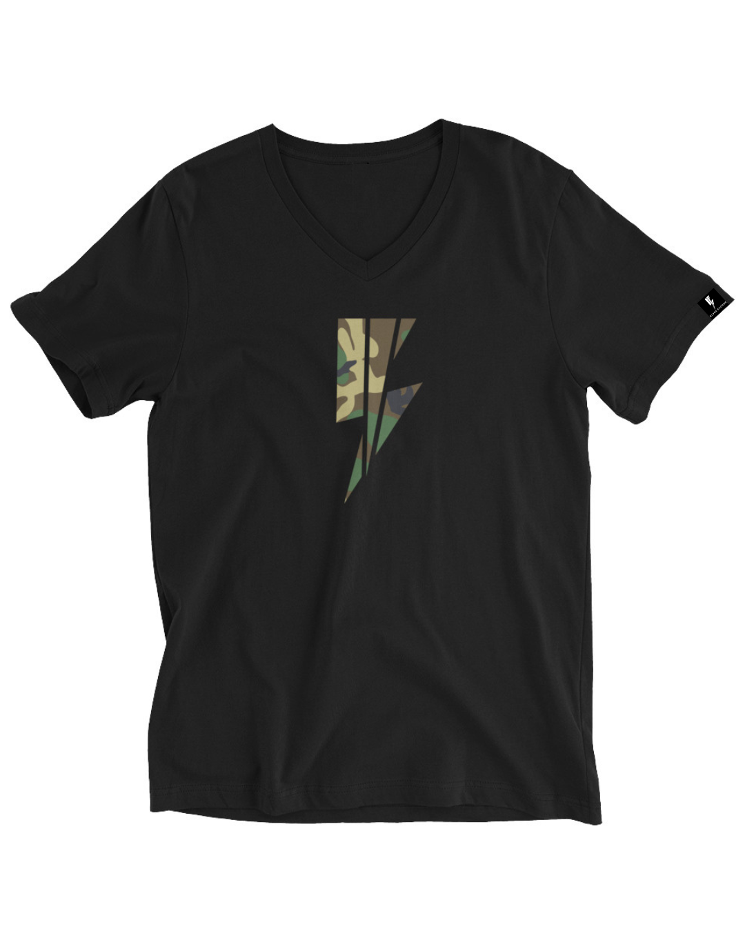 Black v-neck t-shirt with a camouflage lightning bolt graphic and the Blvck Exodus logo in white text