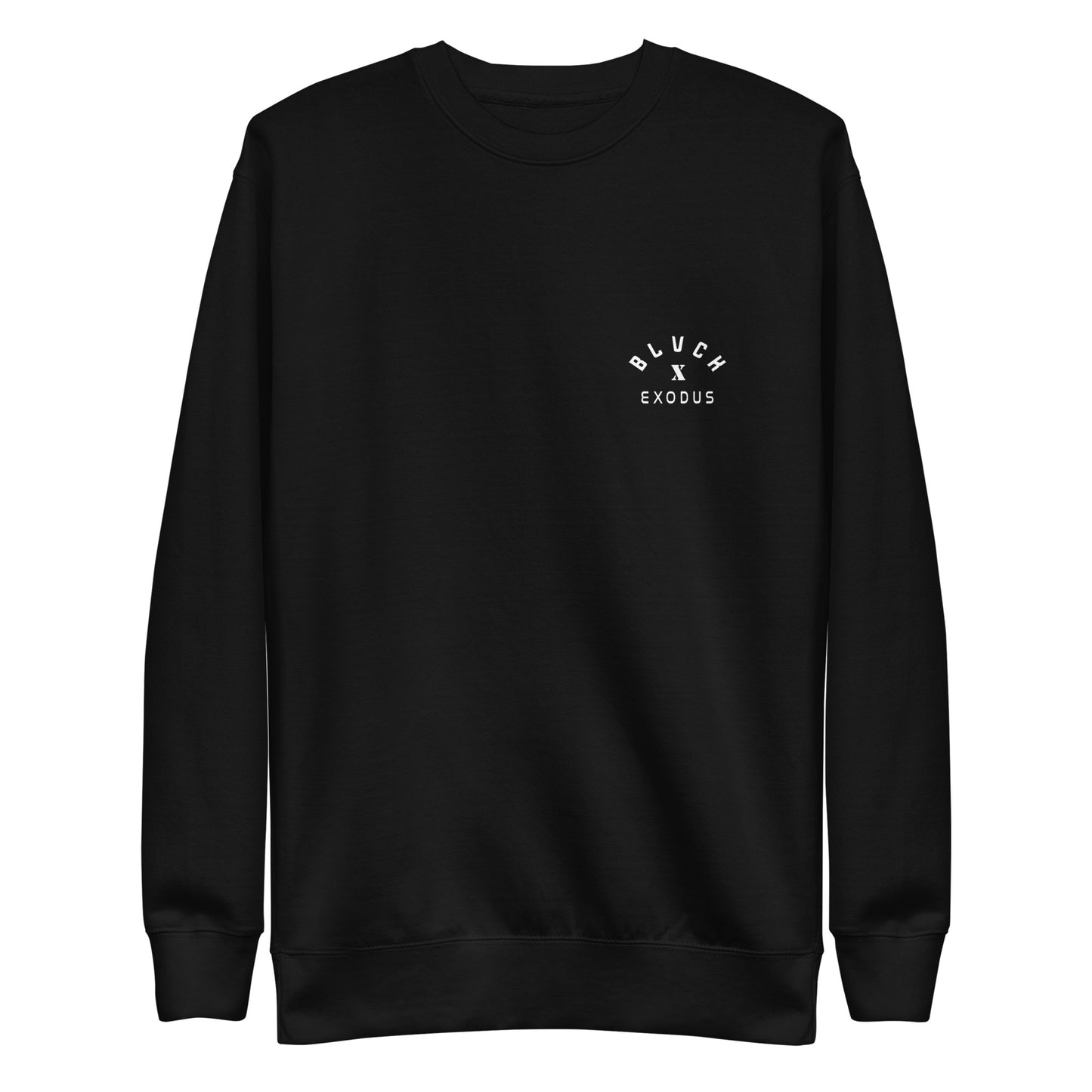 Black crewneck sweatshirt with a white Blvck Exodus logo on the chest- Black sweatshirt, Blvck Exodus, streetwear, urban fashion, Christian apparel