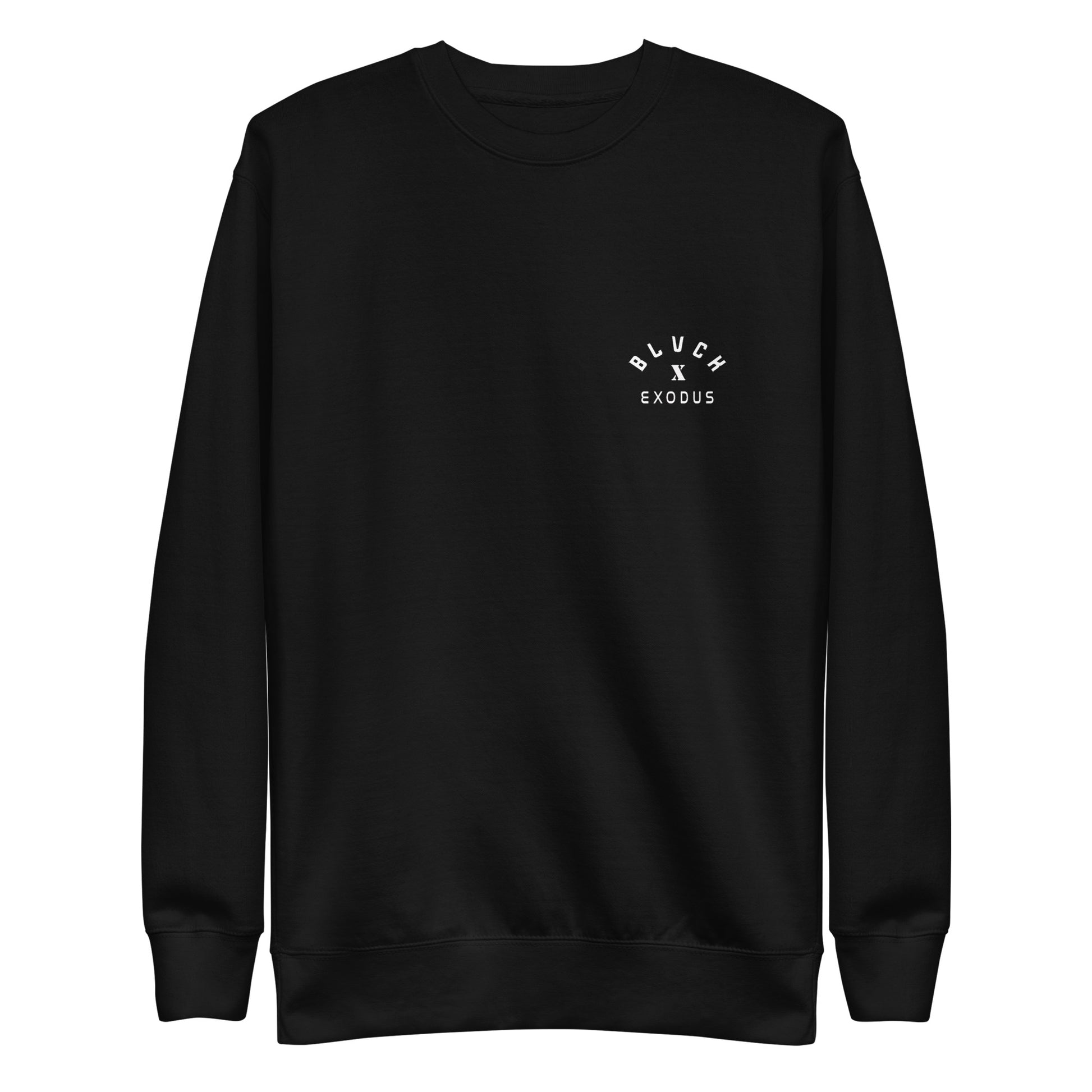 Black crewneck sweatshirt with a white Blvck Exodus logo on the chest- Black sweatshirt, Blvck Exodus, streetwear, urban fashion, Christian apparel