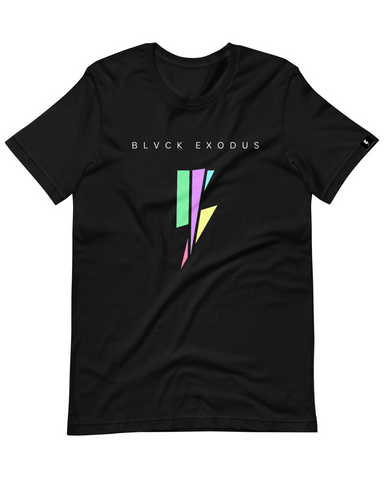 Black short-sleeve t-shirt with a colorful lightning bolt graphic and the Blvck Exodus logo in white text-Black t-shirt, Blvck Exodus, streetwear, urban fashion, Christian apparel, lightning bolt graphic, colorful design