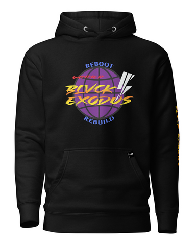 Black Hoodie. Black hooded sweatshirt with a colorful "Reboot, Rebuild" graphic featuring a globe and lightning bolt, along with the Blvck Exodus logo-Black hoodie, Reboot, Rebuild, Blvck Exodus, streetwear brand, urban fashion, Christian fashion, graphic designs

