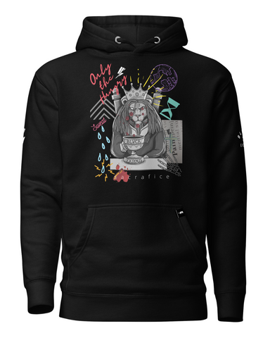 Black hooded sweatshirt with a graphic of a lion king with the phrase "Only the Hungry" and the Blvck Exodus logo Black hoodie, lion graphic, motivational quote, streetwear, urban fashion, Christian apparel, Blvck Exodus

