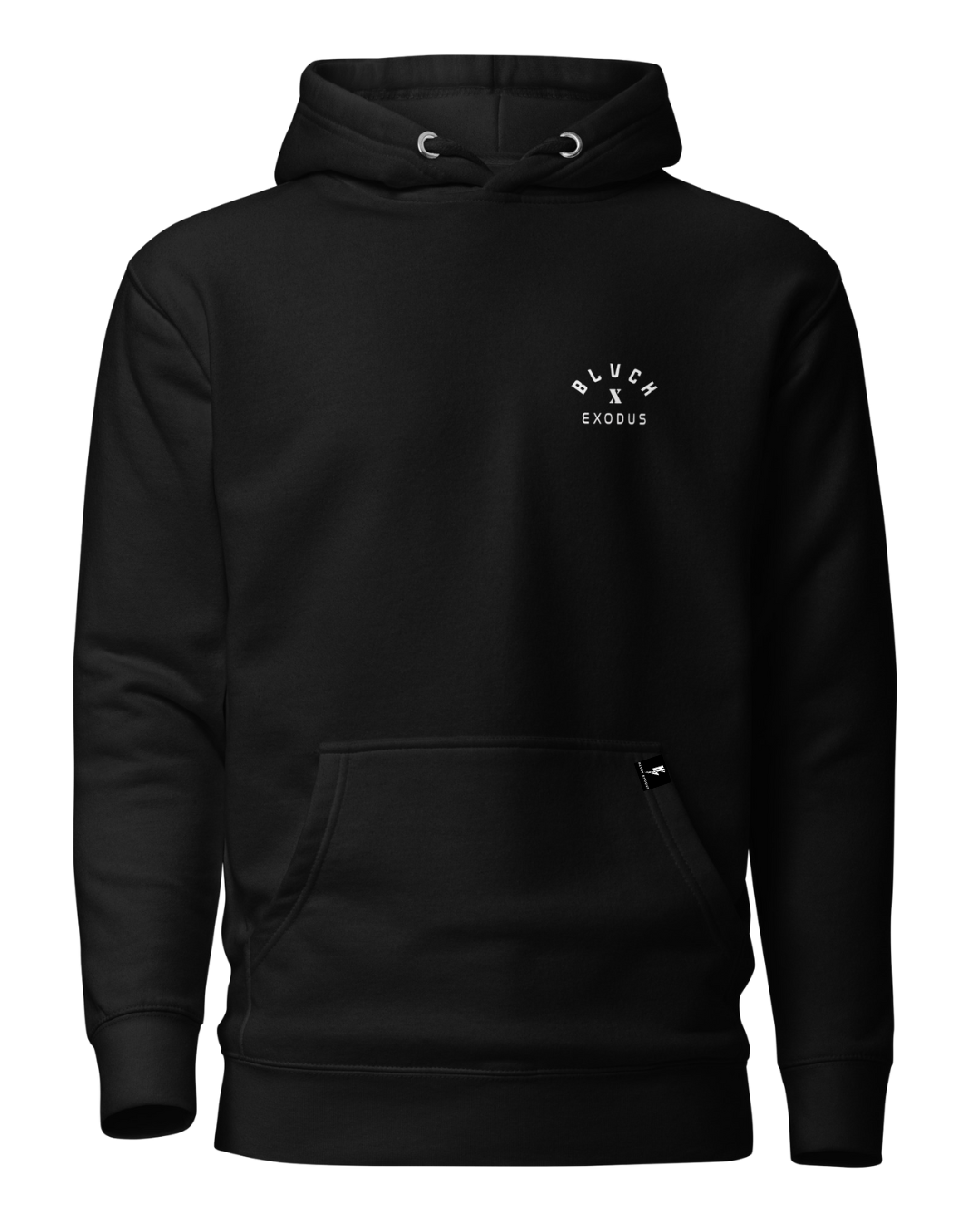 Black hooded sweatshirt with a white Blvck Exodus logo on the chest. Black pullover hoodie with a minimalist Blvck Exodus logo