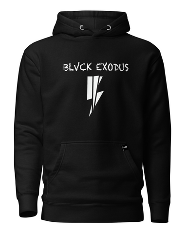 Black hoodie with a white Blvck Exodus logo on the chest
Black pullover hoodie with a minimalist Blvck Exodus logo