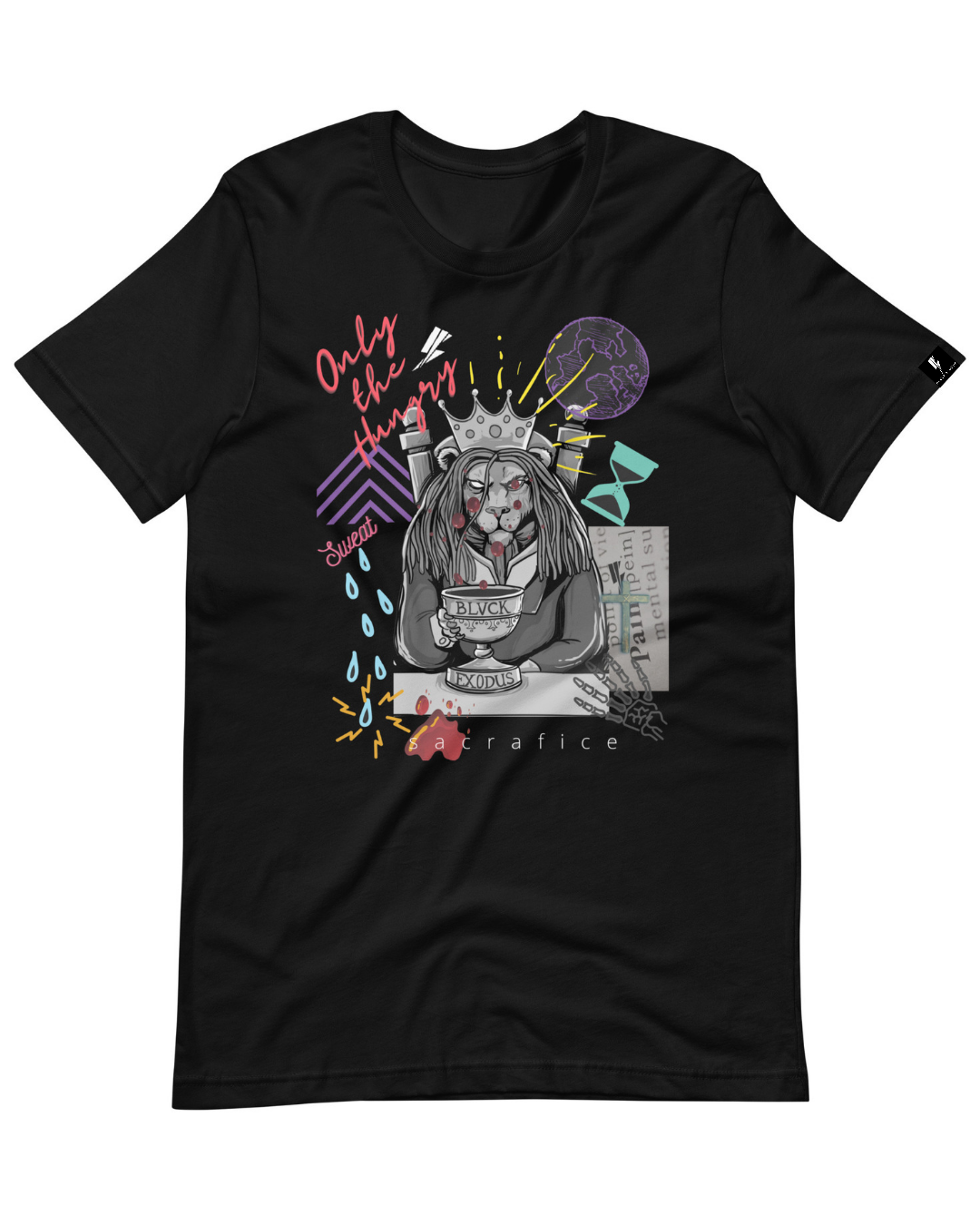 Black short-sleeve t-shirt featuring a bold, graphic design of a lion king surrounded by symbols of power, knowledge, and sacrifice. The text "Only the Hungry Eat with Kings" is prominently displayed, along with the Blvck Exodus logo.