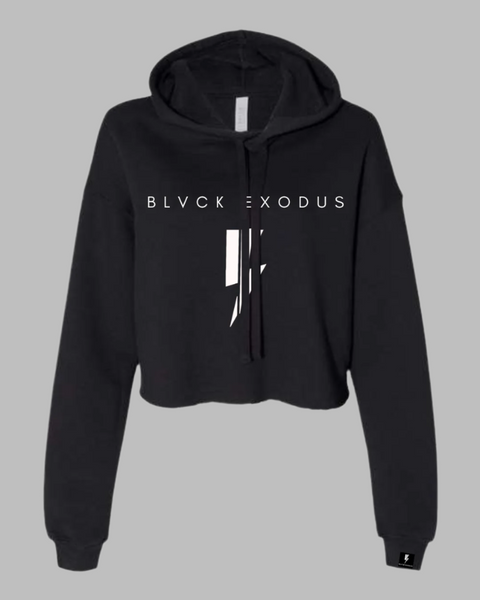 Women's cropped hoodie in black with a white Blvck Exodus logo and a stylized lightning bolt graphic centered on the chest. streetwear, urban fashion, Christian apparel