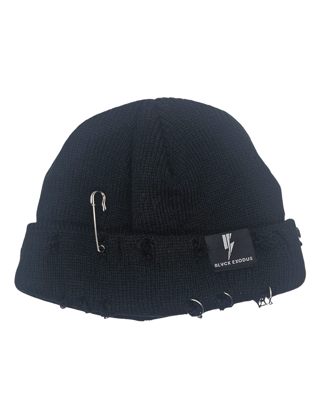 Dark Blue Distressed beanie with Blvck Exodus logo, safety pins, streetwear, urban fashion, Christian apparel, winter hat, beanie hat