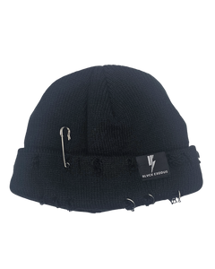 Dark Blue Distressed beanie with Blvck Exodus logo, safety pins, streetwear, urban fashion, Christian apparel, winter hat, beanie hat