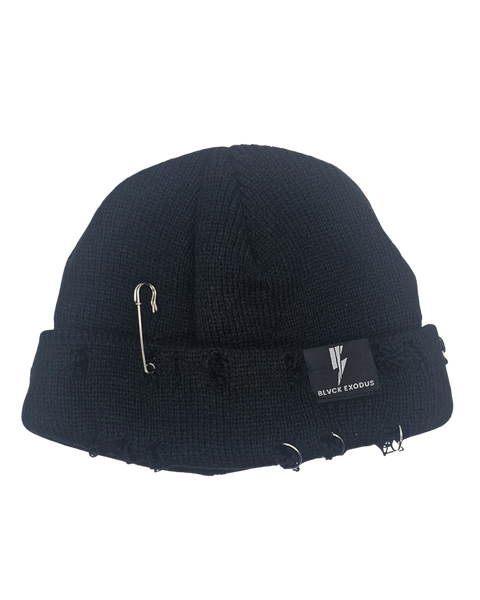 Dark Blue Distressed beanie with Blvck Exodus logo, safety pins, streetwear, urban fashion, Christian apparel, winter hat, beanie hat