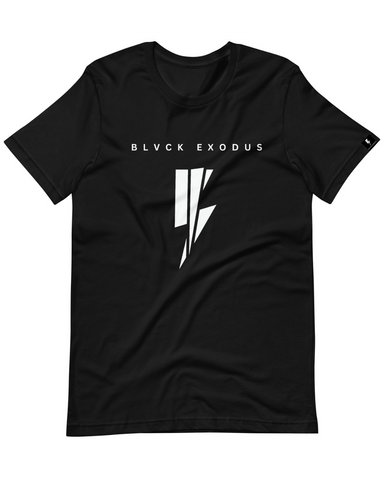 Black short-sleeve t-shirt featuring a minimalist, white lightning bolt graphic with a jagged edge, symbolizing power and energy, centered on the chest. The Blvck Exodus logo is displayed above the graphic in a bold, sans-serif font.
Classic black t-shirt with a bold, minimalist lightning bolt graphic and the iconic Blvck Exodus logo, perfect for a casual, edgy look.