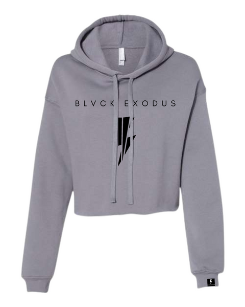 Women's cropped hoodie in gray with a white Blvck Exodus logo and a stylized lightning bolt graphic centered on the chest. streetwear, urban fashion, Christian apparel