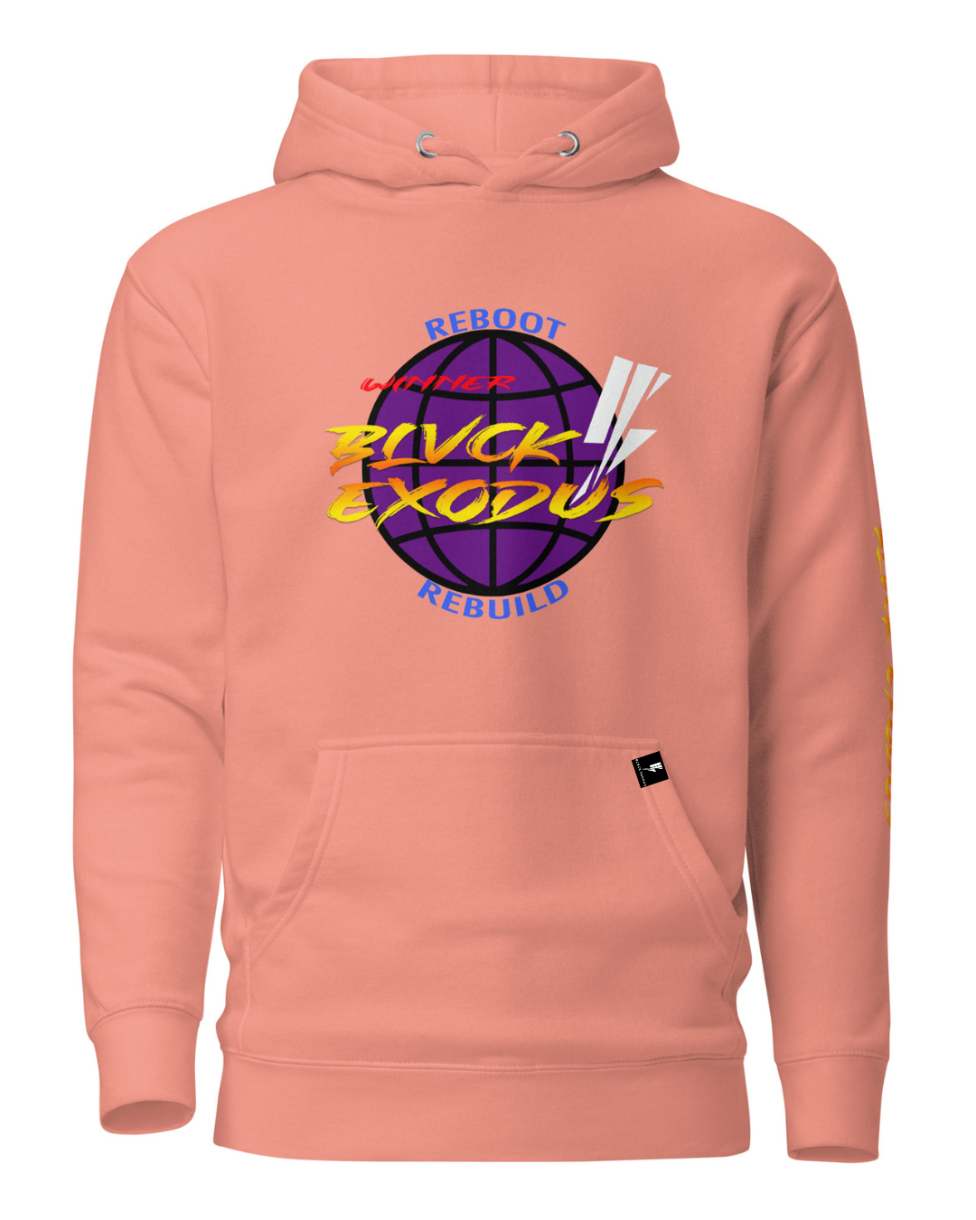 Pink  Hoodie. pink hooded sweatshirt with a colorful "Reboot, Rebuild" graphic featuring a globe and lightning bolt, along with the Blvck Exodus logo-Black hoodie, Reboot, Rebuild, Blvck Exodus, streetwear brand, urban fashion, Christian fashion, graphic designs
