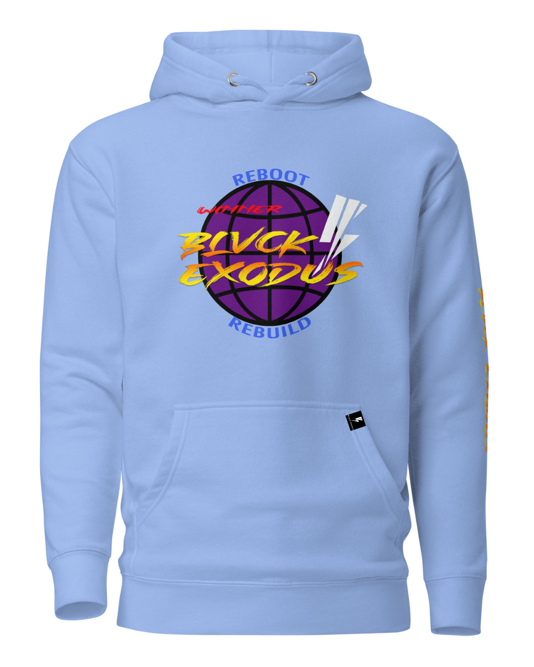 Blue Hoodie. Blue hooded sweatshirt with a colorful "Reboot, Rebuild" graphic featuring a globe and lightning bolt, along with the Blvck Exodus logo-Black hoodie, Reboot, Rebuild, Blvck Exodus, streetwear brand, urban fashion, Christian fashion, graphic designs
