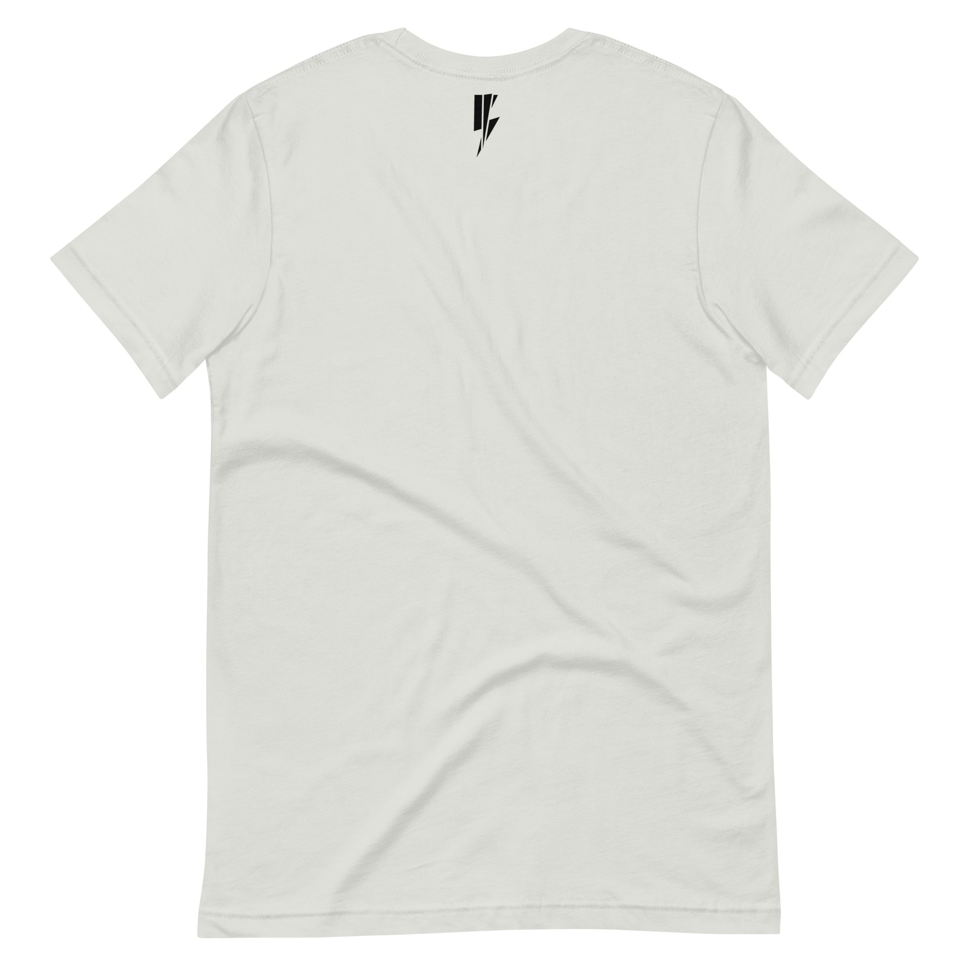 Back of White short-sleeve t-shirt featuring a graphic of anime animals sitting at a table with the text "Only the Hungry Eat with Kings" in a bold, gothic font, and the Blvck Exodus logo. Animal graphic t shirt . Top neck has black bolt
