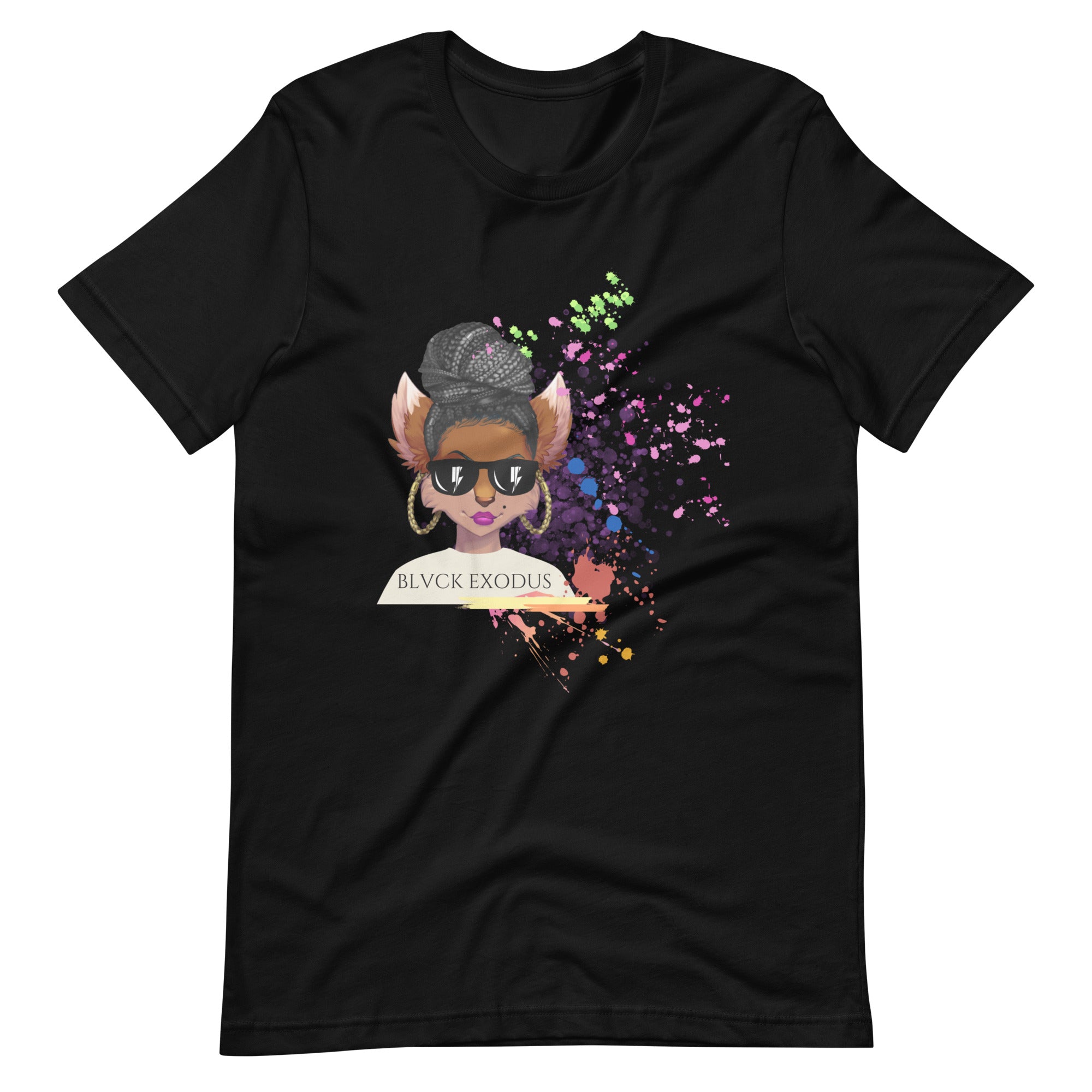 black short-sleeve t-shirt featuring a vibrant, colorful anime girl graphic with sunglasses, a bun hairstyle, and a splattered paint background, along with the Blvck Exodus logo.

black t-shirt, Blvck Exodus, streetwear, urban fashion, anime apparel, graphic tee, colorful design, pop art style

