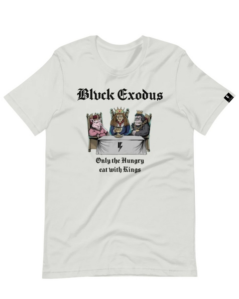 White short-sleeve t-shirt featuring a graphic of anime animals sitting at a table with the text "Only the Hungry Eat with Kings" in a bold, gothic font, and the Blvck Exodus logo. Animal graphic t shirt 