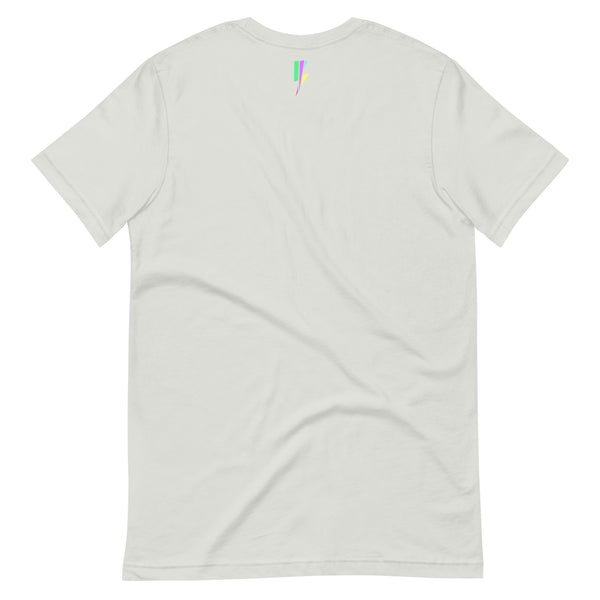 back of White t-shirt, Blvck Exodus, streetwear, urban fashion, anime apparel, graphic tee, colorful design, pop art style
top of back neck area features a small retro bolt 