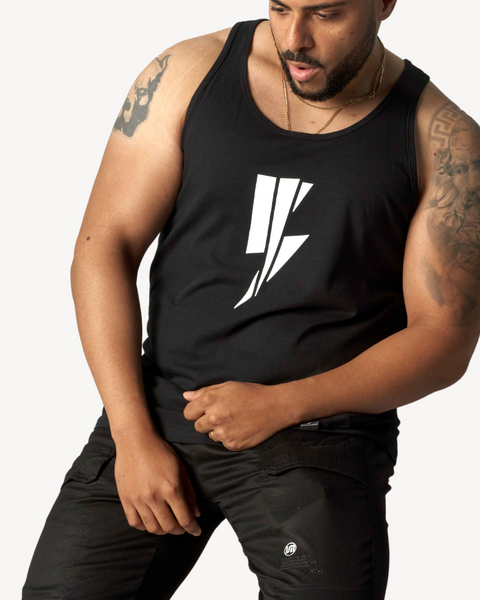 Male wearing Black muscle tank with lightning bolt design. Sleeveless tank top Black tank top, Blvck Exodus, streetwear, urban fashion, workout wear, athletic apparel, lightning bolt graphic