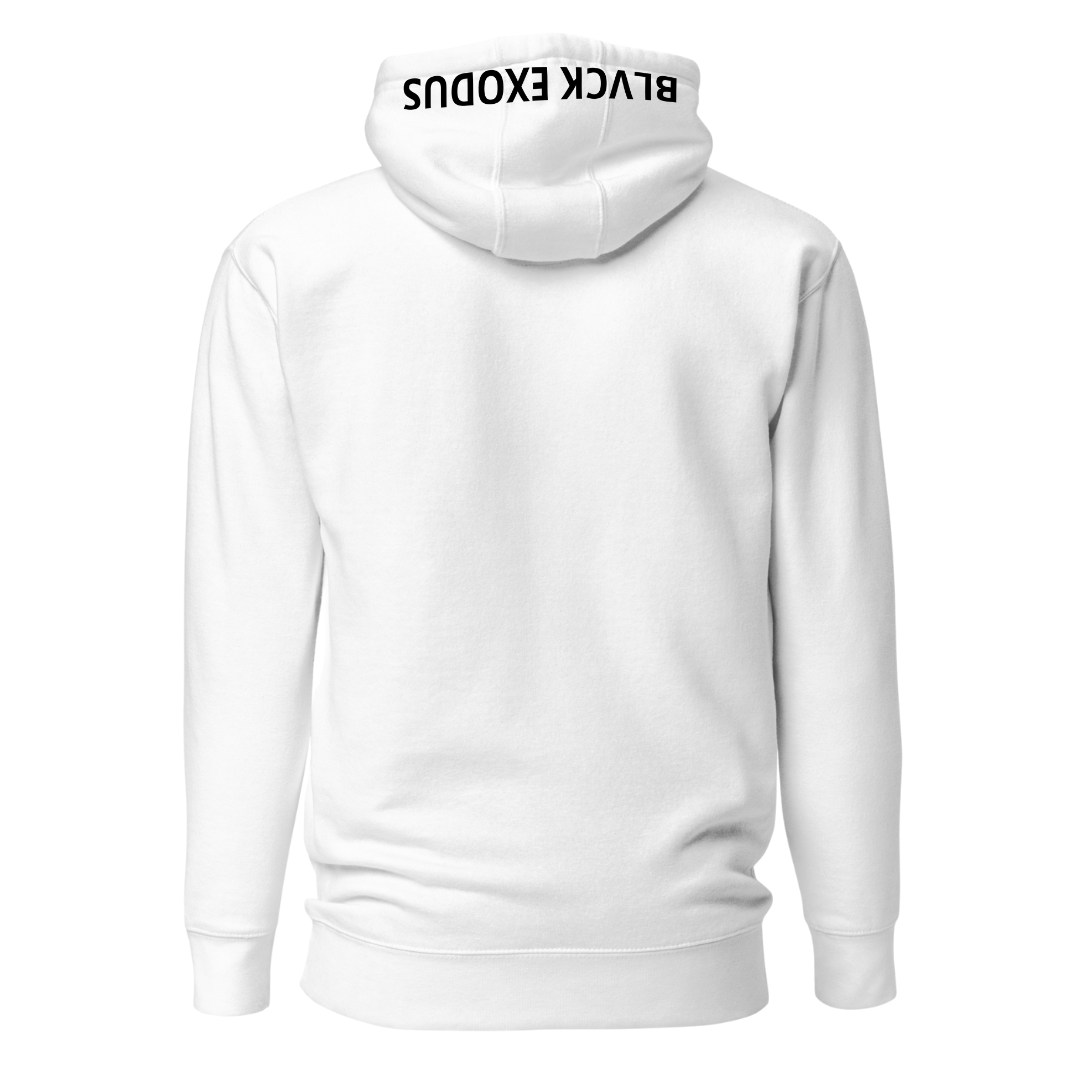 White hooded pull over hoodie with a black Blvck Exodus logo on the hood 

