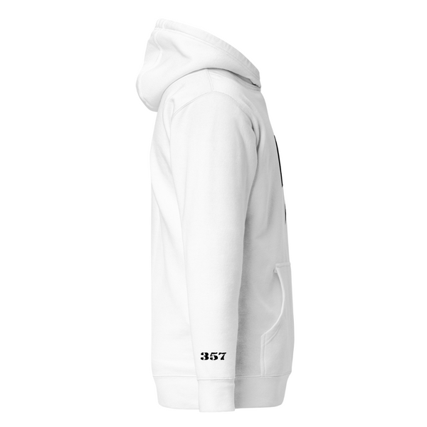 White hooded sweatshirt with a black 357 logo on the side White pullover hoodie with minimalist 357 logo