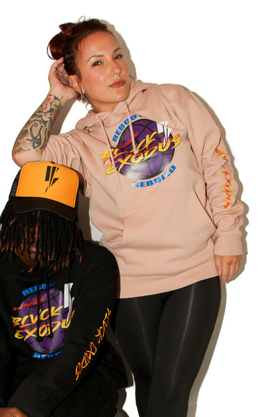 male and female wearing  Hoodie.  hooded sweatshirt with a colorful "Reboot, Rebuild" graphic featuring a globe and lightning bolt, along with the Blvck Exodus logo-Black hoodie, Reboot, Rebuild, Blvck Exodus, streetwear brand, urban fashion, Christian fashion, graphic designs
