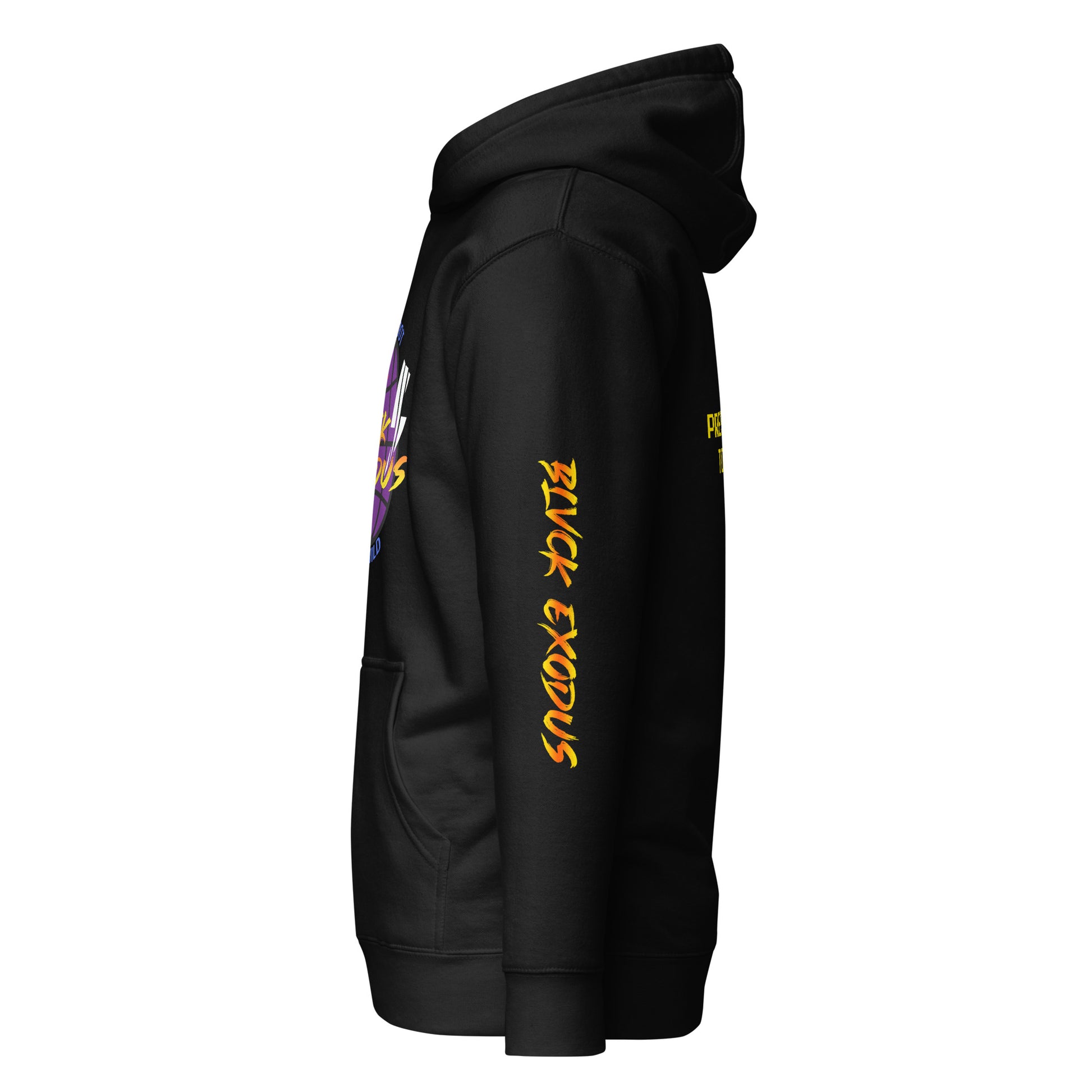 BLVCk exodus written down left sleeve of graphic Black hoodie 